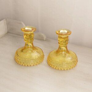 Vintage LE Smith Yellow Glass Hobnail Candlesticks (Set of 2) Spring Home Decor